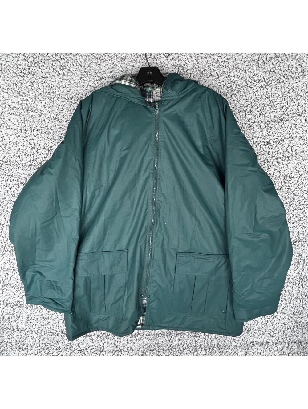 Totes Men's Size Large Hooded Green Rain Jacket W/ Plaid Lining & Front Pockets